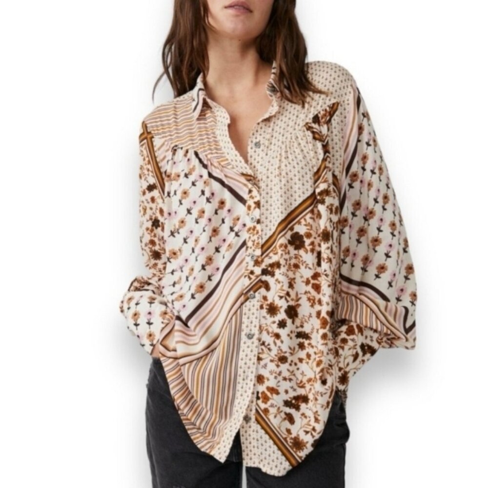 Free People Hazel Patchwork Button Down Blouse In… - image 1